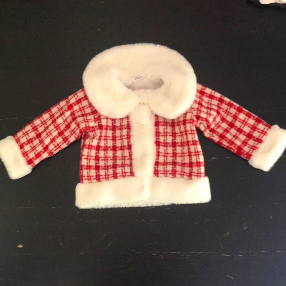 Red & white tweet coat w white faux fur trim & matching purse.Girls 9-12mths.New